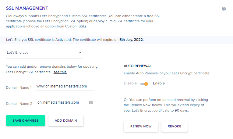 Cloudways SSL Management